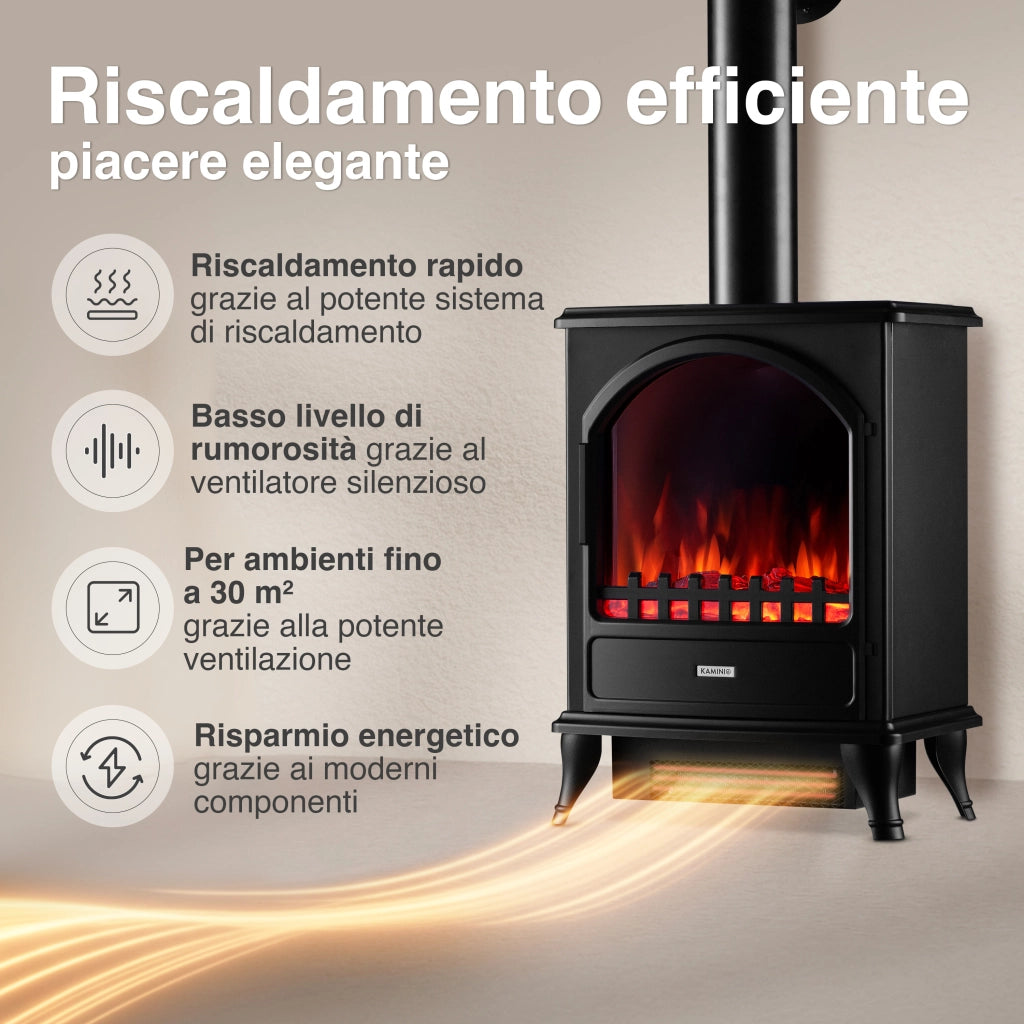 KAMINIO Camino elettrico LENI con tubo di scarico - Camino elettrico con riscaldamento, effetto fiamma 3D - Nero