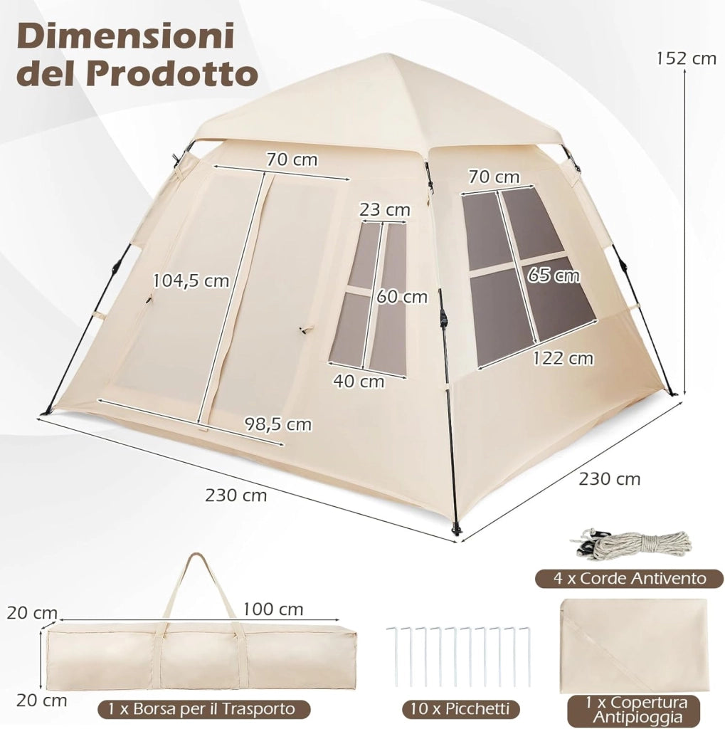Tenda da Campeggio per 3-4 Persone, Tenda da Spiaggia Protezione Solare con Copertura Antipioggia Rimovibile, 2 Porte, 4 Finestre Traspiranti e Borsa per il Trasporto, Facile Installazione