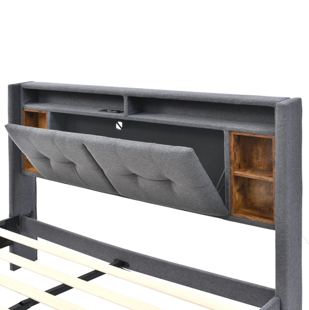 Letto matrimoniale 160x200 cm con testiera contenitore; LED e prese USB; legno massello grigio