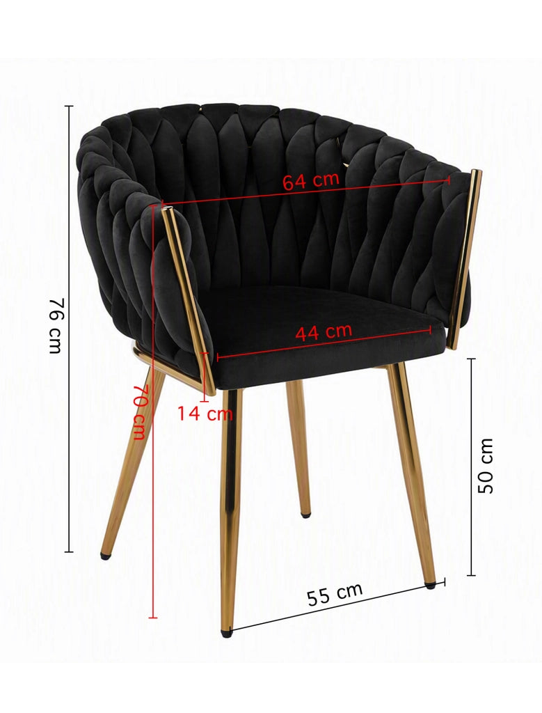 Poltrona Con Schienale In Velluto Intrecciato Design Moderno, Sedia Imbottita Circolare con Gambe in Metallo Placcato Oro Poltroncina Sala Pranzo Camera Salotto Cucina con Seduta Morbida Nero