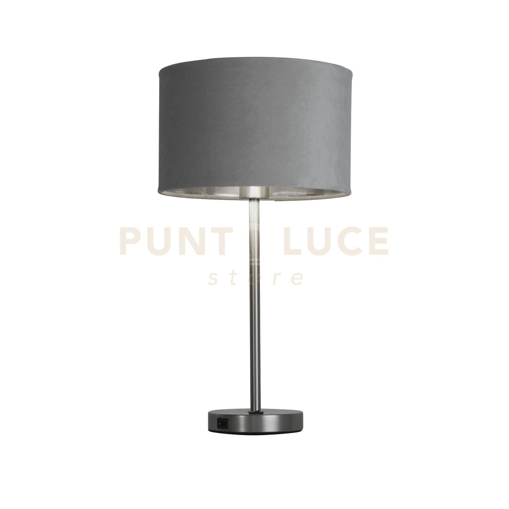 Lampada da tavolo USB Finn - Metallo nichel satinato e paralume in velluto grigio