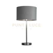 Lampada da tavolo USB Finn - Metallo nichel satinato e paralume in velluto grigio