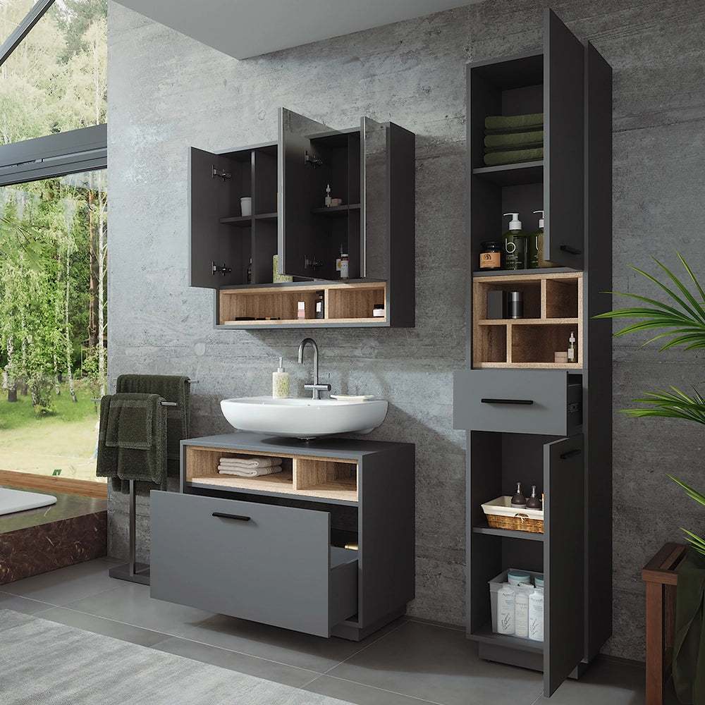 Vicco Set di mobili da bagno Antracite/Sonoma 3 parti con colonna