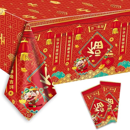 Decorazioni da tavola per Capodanno cinese - 2 pezzi - 130 x 220 cm - disposable - rosso - felice Capodanno - decorazioni da tavola - plastica - tovagliato da tavola - Festival della luna cinese - decorazioni da festa.