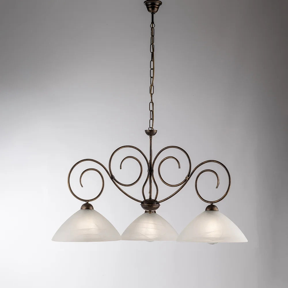 Lampadario Classico 3 Luci Ferro Battuto Marrone E Oro Vetro Bianco Serie Milly
