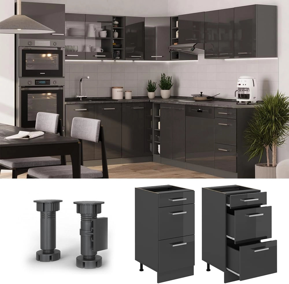 Mobiletto base per cucina R-Line, Antracite lucido, 40 cm con cassetti, senza piano di lavoro, per la libera combinazione all'interno di sistemi cucina modulari