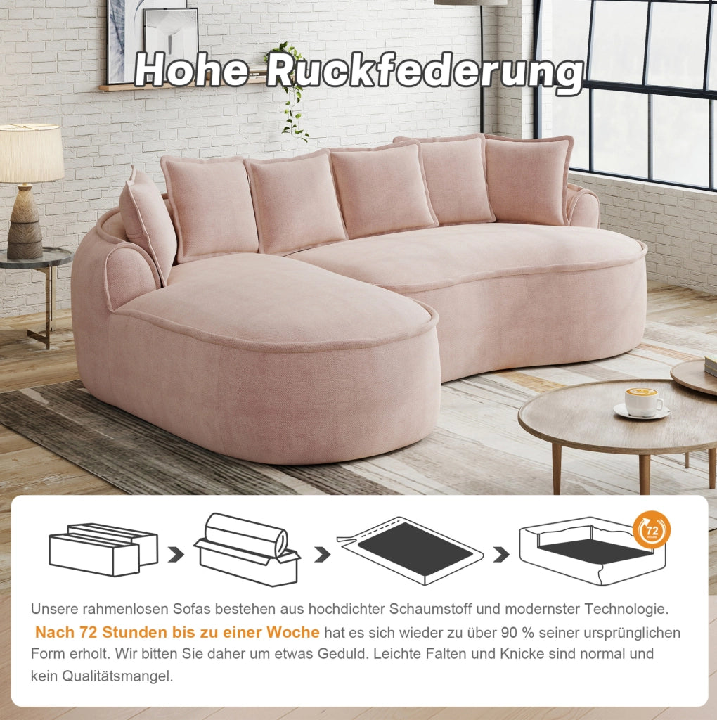Divano modulare senza struttura in ciniglia rosa; 2 moduli; chaise longue e funzione letto