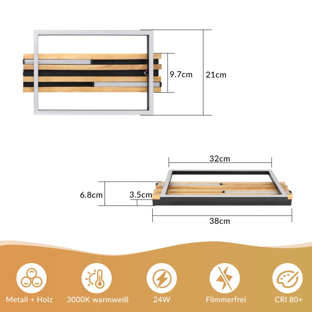 ZMH Lampada da Soffitto LED Legno 24W 38cm Luce Calda Nero Rettangolare Moderna per Camera da Letto Soggiorno