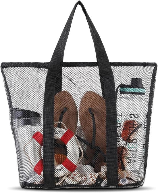 Borsa a mano grande a rete con chiusura a cerniera e rivestimento impermeabile, nero 47 x 45 x 36,5 cm