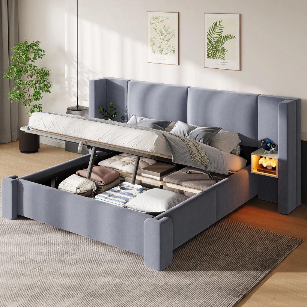 Letto contenitore 140x200 cm imbottito in lino grigio con sollevamento idraulico e LED