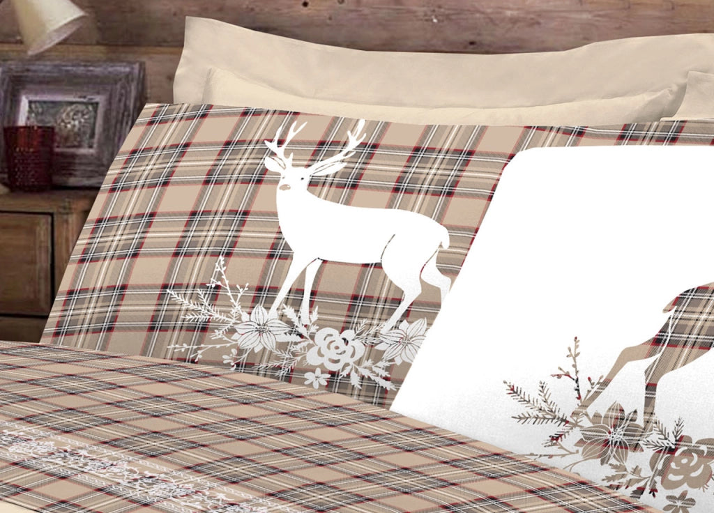 Copripiumino Sacco Piumone Pensieri Delicati 100% Cotone Dis. Cervo Tartan - Matrimoniale - Beige