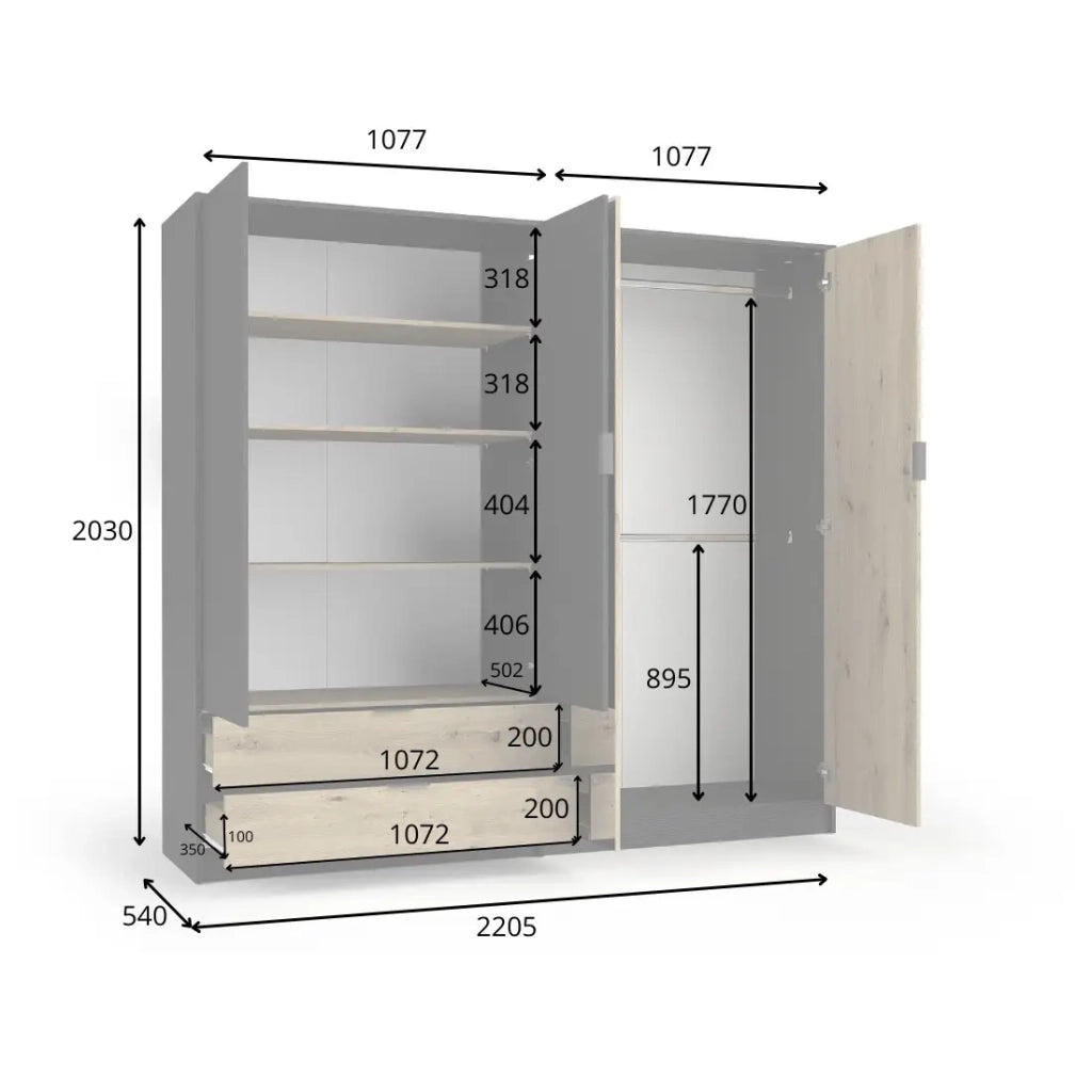 Camera completa MELODY – Letto contenitore 180x200 + armadio + cassettiera + comodini – Nero grafite e rovere chiaro – Materasso non incluso