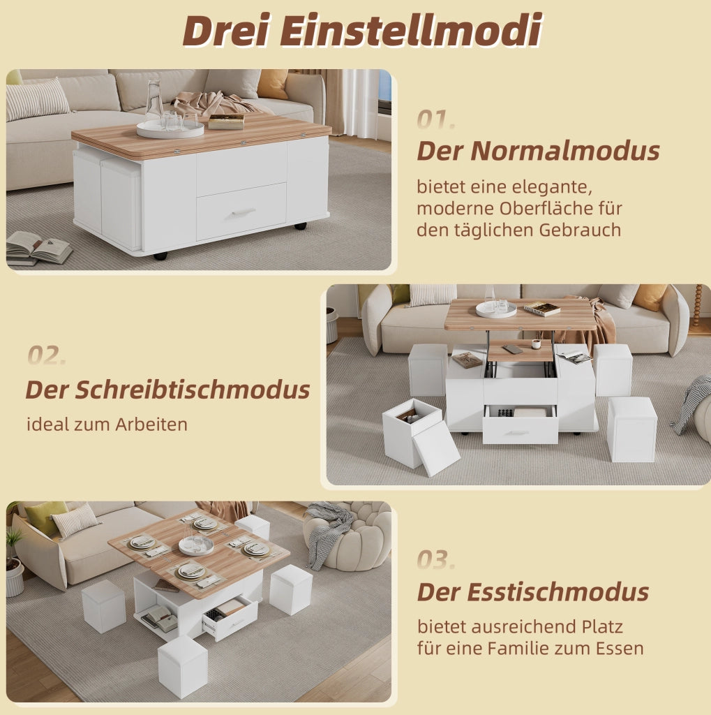 Tavolino trasformabile elevabile con 4 sgabelli, bianco legno