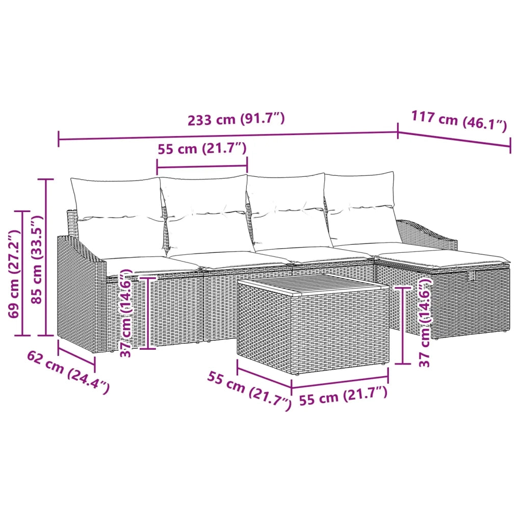 Set Divano da Giardino con cuscino 6 pcs Nero polyrattan