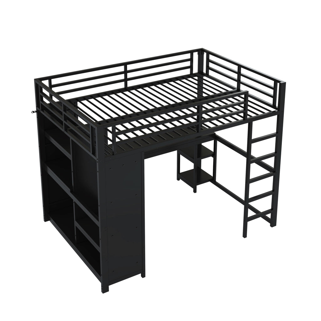 Letto a castello metallico nero con scrivania LED e armadio aperto 140x200 cm