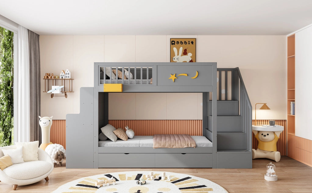 Letto a castello per bambini con scala, scrivania e cassetti, 90x200 cm, grigio