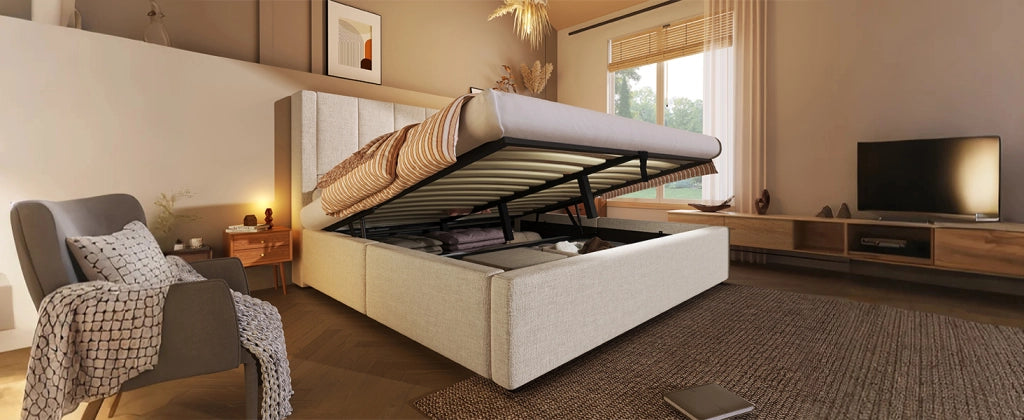 Letto imbottito 140x200 cm con materasso, porta bicchieri nascosto e stazione di ricarica USB-C, contenitore idraulico, beige