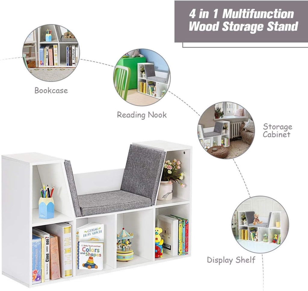 Libreria con Cuscino da Seduta, 6 Scomparti e 2 Ripiani con Panca Cameretta dei Bambini, Ufficio, Bianco