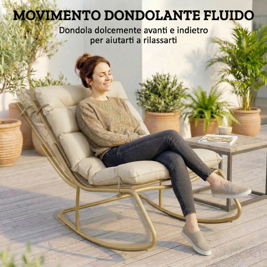 Sedia Dondolo Esterno, Seduta 63 cm, Cuscino incluso, Colore Khaki.