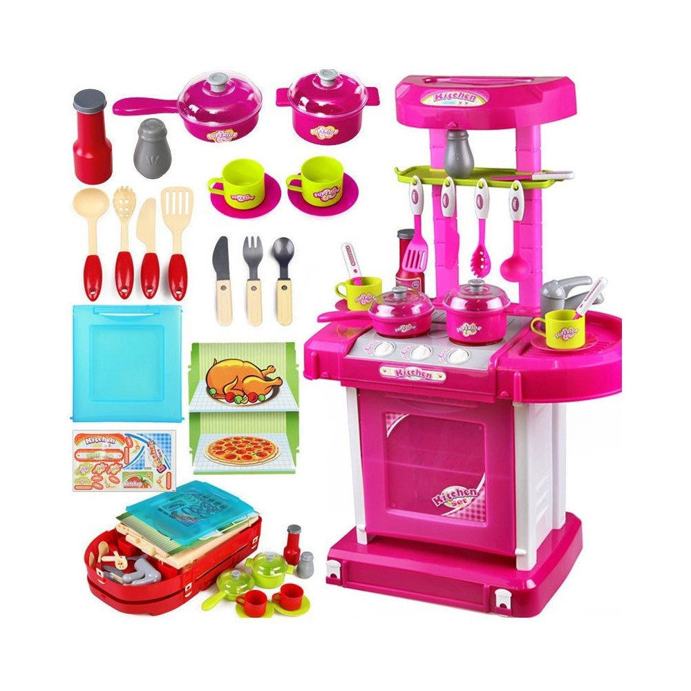 Trade Shop - Cucina Giocattolo Bambini Richiudibile In Trolley Fornello Luci Suoni Accessori Azzurro -