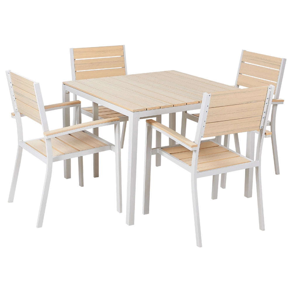 Set da pranzo all'aperto tavolo e 4 sedie design a doghe beige e alluminio bianco