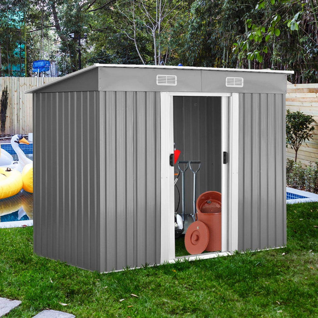 Casetta?da?giardino?in?metallo?con?ante?scorrevoli?e?maniglie,?Casetta per?attrezzi?238x128x181cm?Grigio-Casette da giardino