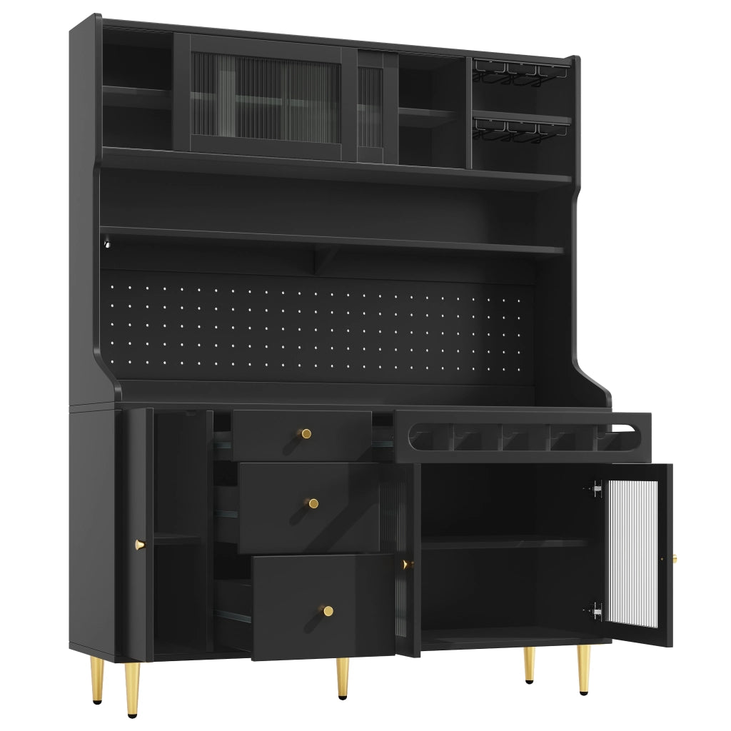 Colonna da cucina con LED, ripiani regolabili e cantinetta estraibile in MDF e vetro nero 145 × 39 × 171 cm