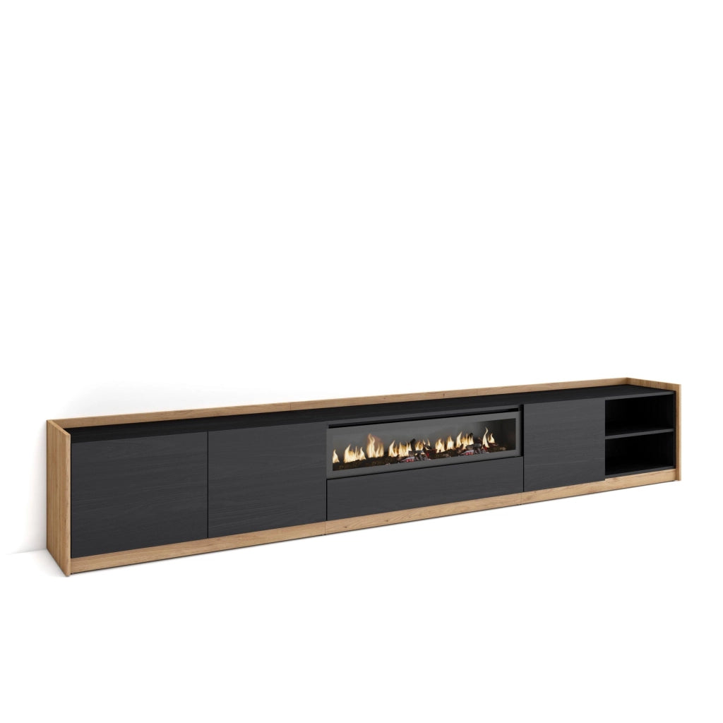 Mobile TV Soggiorno, 310x50x37 cm, Per TV fino a 80", Camino elettrico, Nero e rovere
