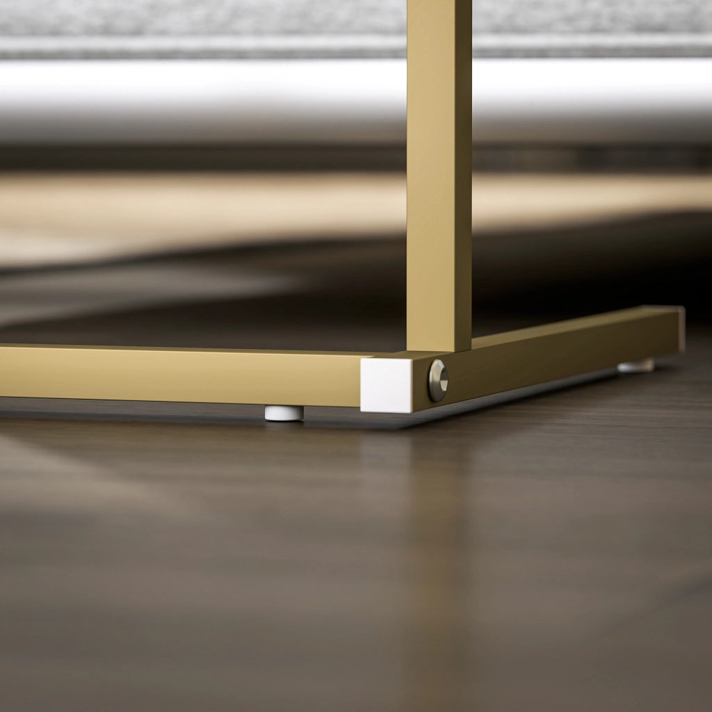 Tavolino da Salotto a Forma di C Piano Effetto Marmo con Prese di Corrente e USB in MDF Bianco
