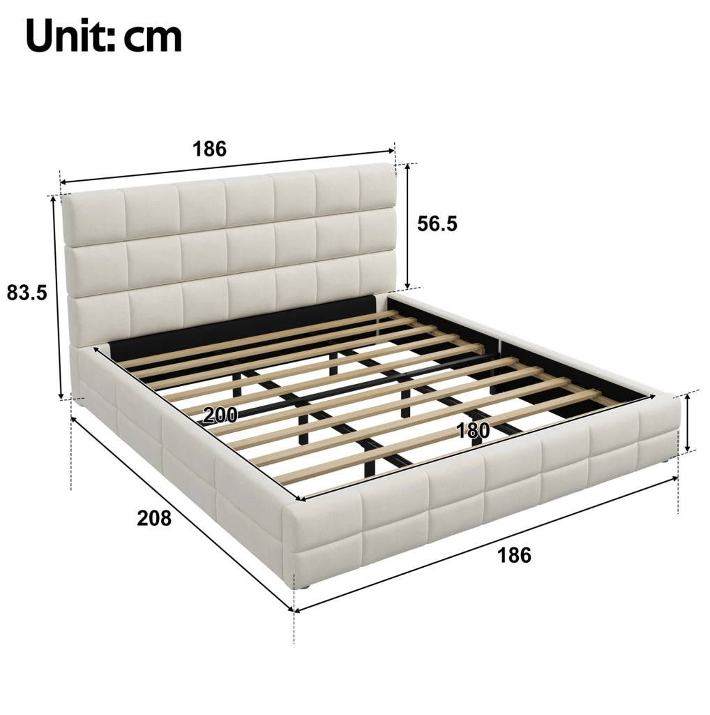 Letto piattaforma imbottito 180x200 cm in velluto beige con testiera