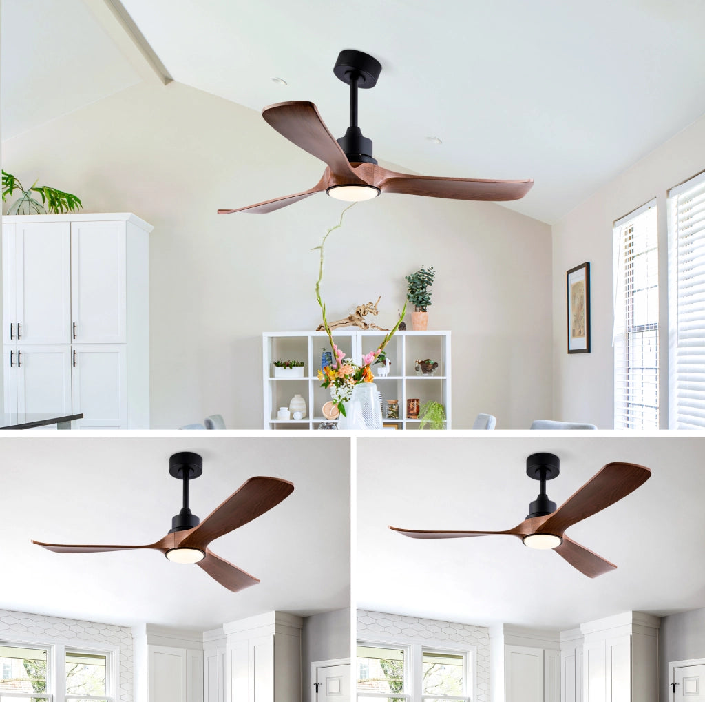 Ventilatore da soffitto con luce 52" a 3 pale ABS, motore DC reversibile, nero e noce scuro