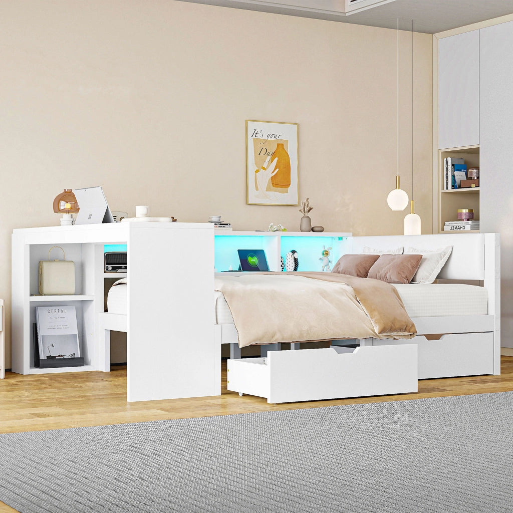 Letto per adulti 140 × 200 cm con testiera imbottita, ripiani, 2 cassetti, prese USB e LED, senza materasso, bianco