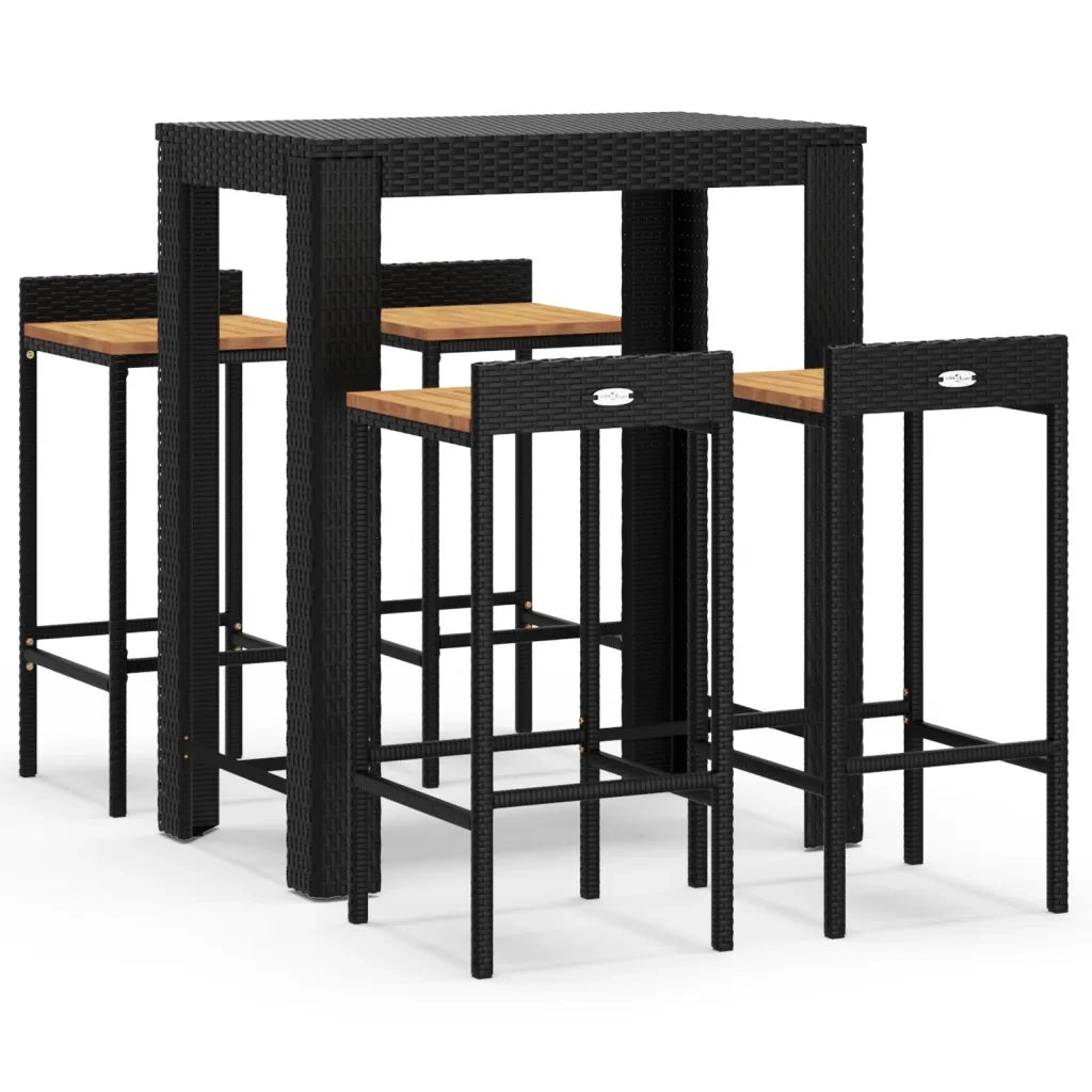 Set Bar Giardino 5 pz Nero Polyrattan e Legno Massello Acaciacod mxl 100671