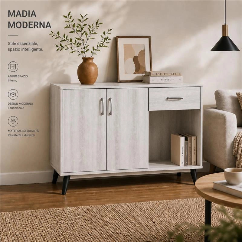 MOBILE IN MDF COLOR BIANCO LEGNO CON DUE ANTE, RIPIANO E CASSETTO MISURE: 120X38X74CM