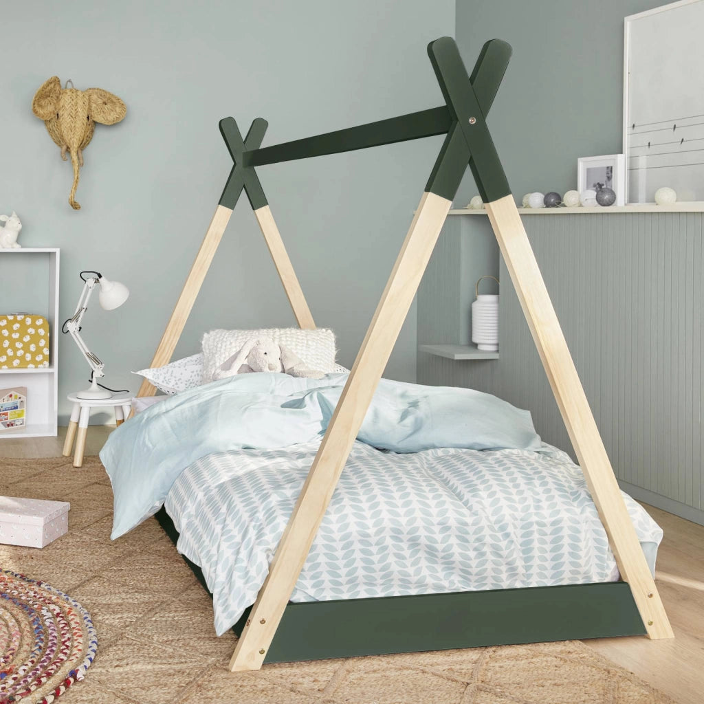 Letto tenda per bambini 190cm pino naturale, base inclusa, verde