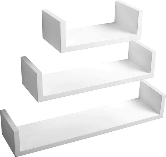 Set di parete a muro - Display a forma di U - Libreria appesa - Sostegno decorativo - Set di parete a muro - Ledge galleggiante - Bianco - 26x9,7x6cm, 34x9,7x7,5cm, 42x9,7x9cm