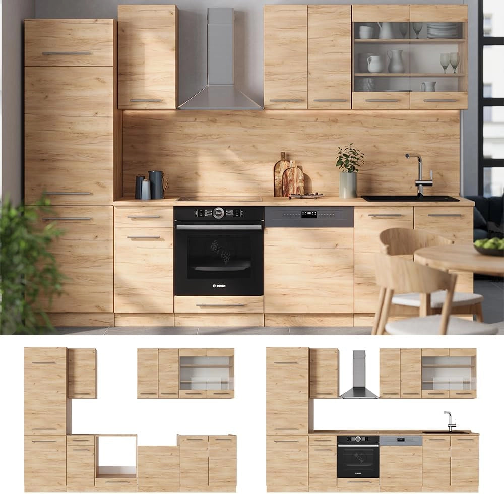 Cucina componibile Fame-Line, Quercia dorata, 300 cm senza piano di lavoro, adatto per l'espansione modulare individuale e la disposizione flessibile