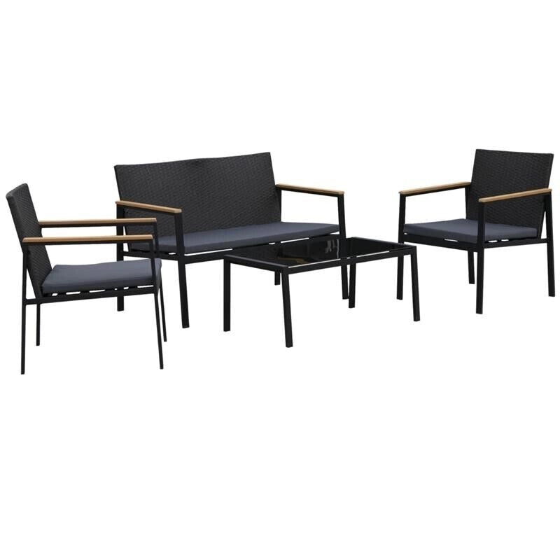 SET 4 PEZZI SALOTTINO DA GIARDINO IN PE RATTAN CON BRACCIOLI IN LEGNO NERO