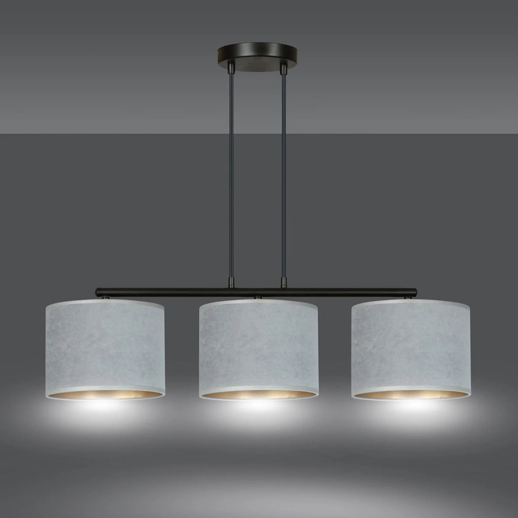 Lampadario 3 Luci Ganesha In Acciaio Nero E Paralumi In Tessuto Grigio