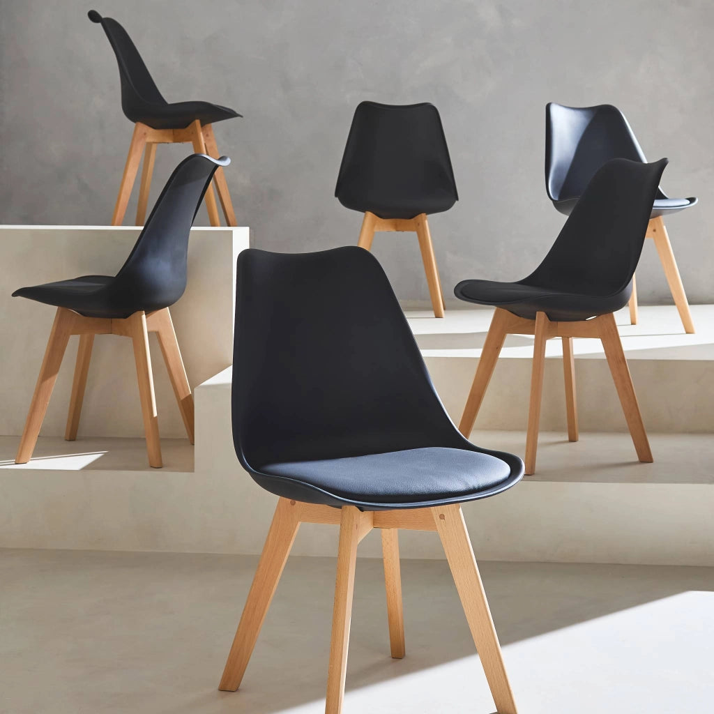 Set 6 sedie scandinave imbottite, gambe in legno per sala da pranzo,