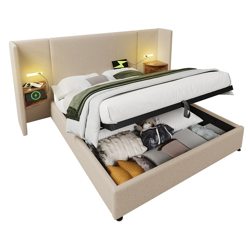 Letto matrimoniale imbottito - Xylo - 160x200 cm - Beige - Con comodini, luce da lettura e USB Type-C