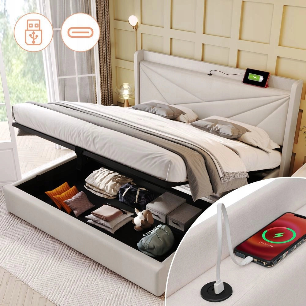 Letto con contenitore - Xylo - 160x200cm - USB-C - Sollevamento idraulico
