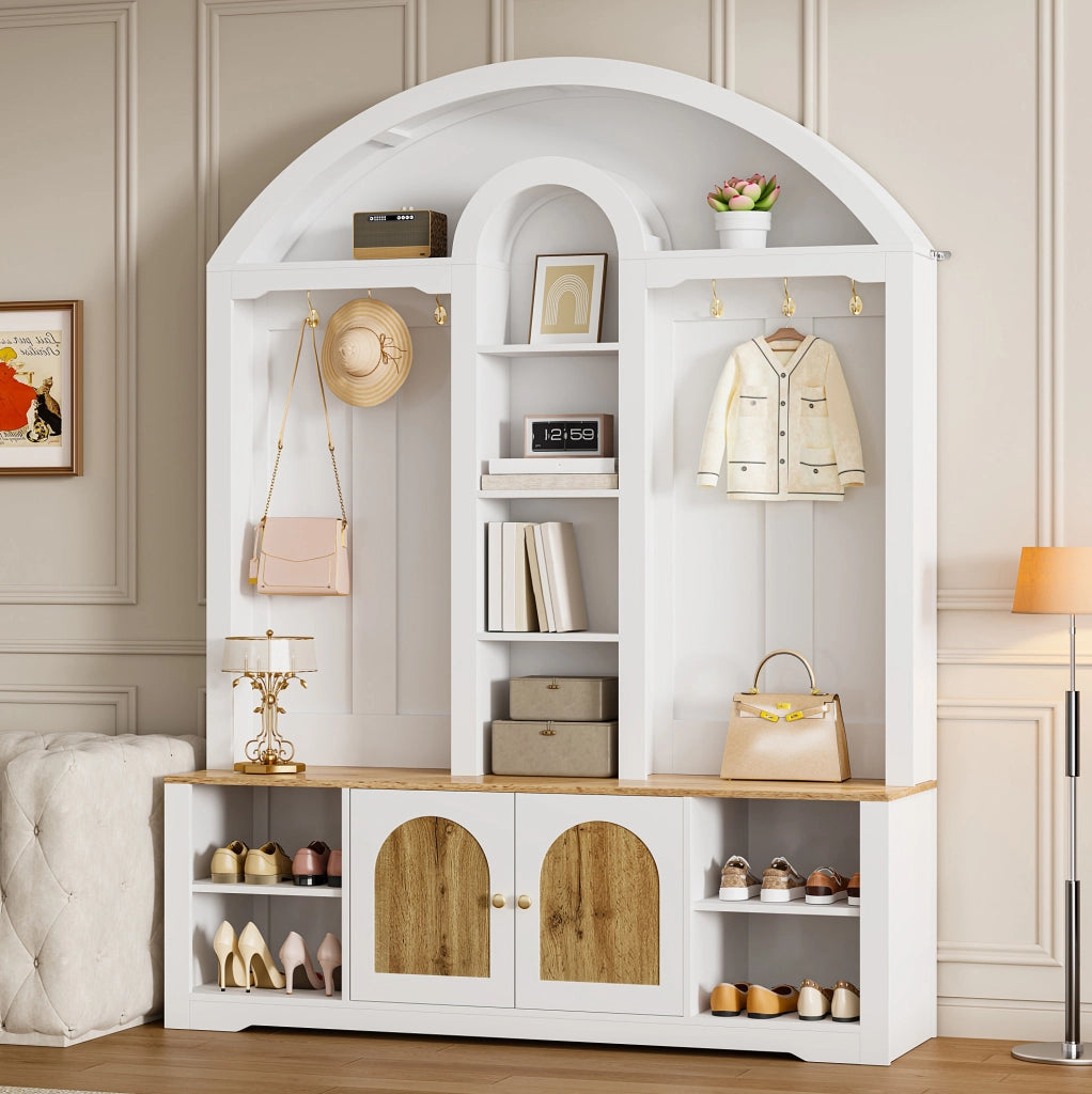 Armadio guardaroba ingresso 150x40x195 cm bianco in MDF, ganci e ripiani