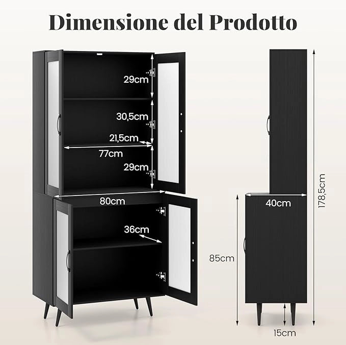 Credenza da Cucina Salvaspazio, Armadio Dispensa con 4 Ante Trasparenti, Ripiano Regolabile e Gambe in Metallo, Mobiletto Alto per Soggiorno e Sala da Pranzo, 80 x 40 x 178,5 cm (Nero)