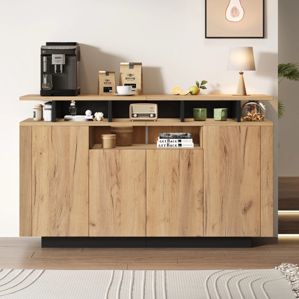 Credenza con 4 ante e 3 vani aperti, colore naturale