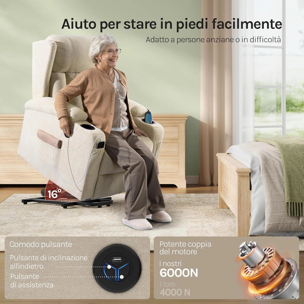 Poltrona Elettrica Reclinabile, Sedia Massaggiante con Alzapersone, Riscaldamento, Poggiapiedi, Tasche Laterali, Porta USB, Portabicchieri, per Soggiorno, Tessuto Spugna, Beige, SKS61be