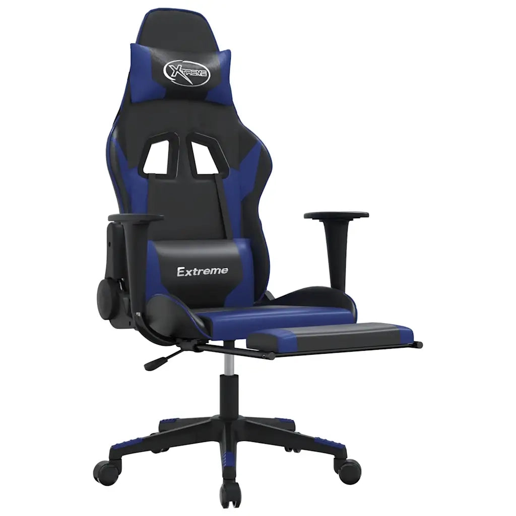 Sedia da Gaming | Sedia da e-sports Massaggiante Poggiapiedi Nero e Blu Similpelle
