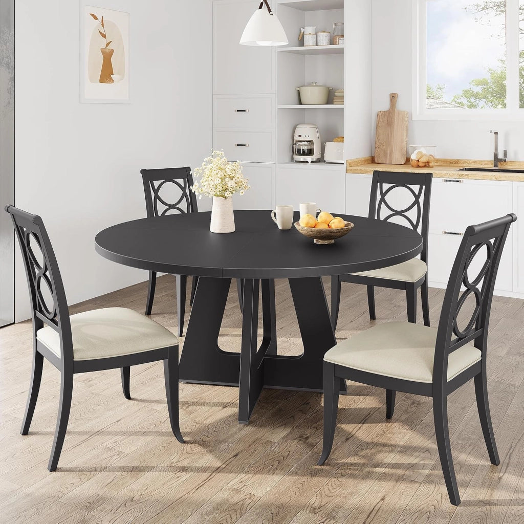 Tavolo da Pranzo Rotondo Rustico 120 cm per 4-6 Persone in Legno e Metallo - Nero