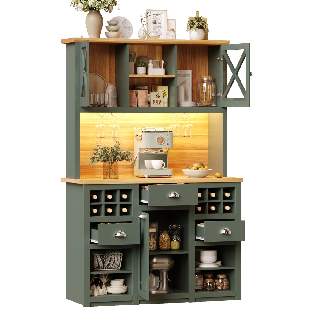 Mobile Cucina Alto con Ante in Vetro e LED, Portabottiglie ¨C MINIMAL ¨C Verde 120x45x188 cm