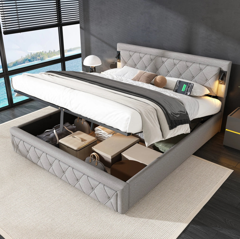 Letto matrimoniale imbottito con contenitore, LED e USB, struttura con rete in legno